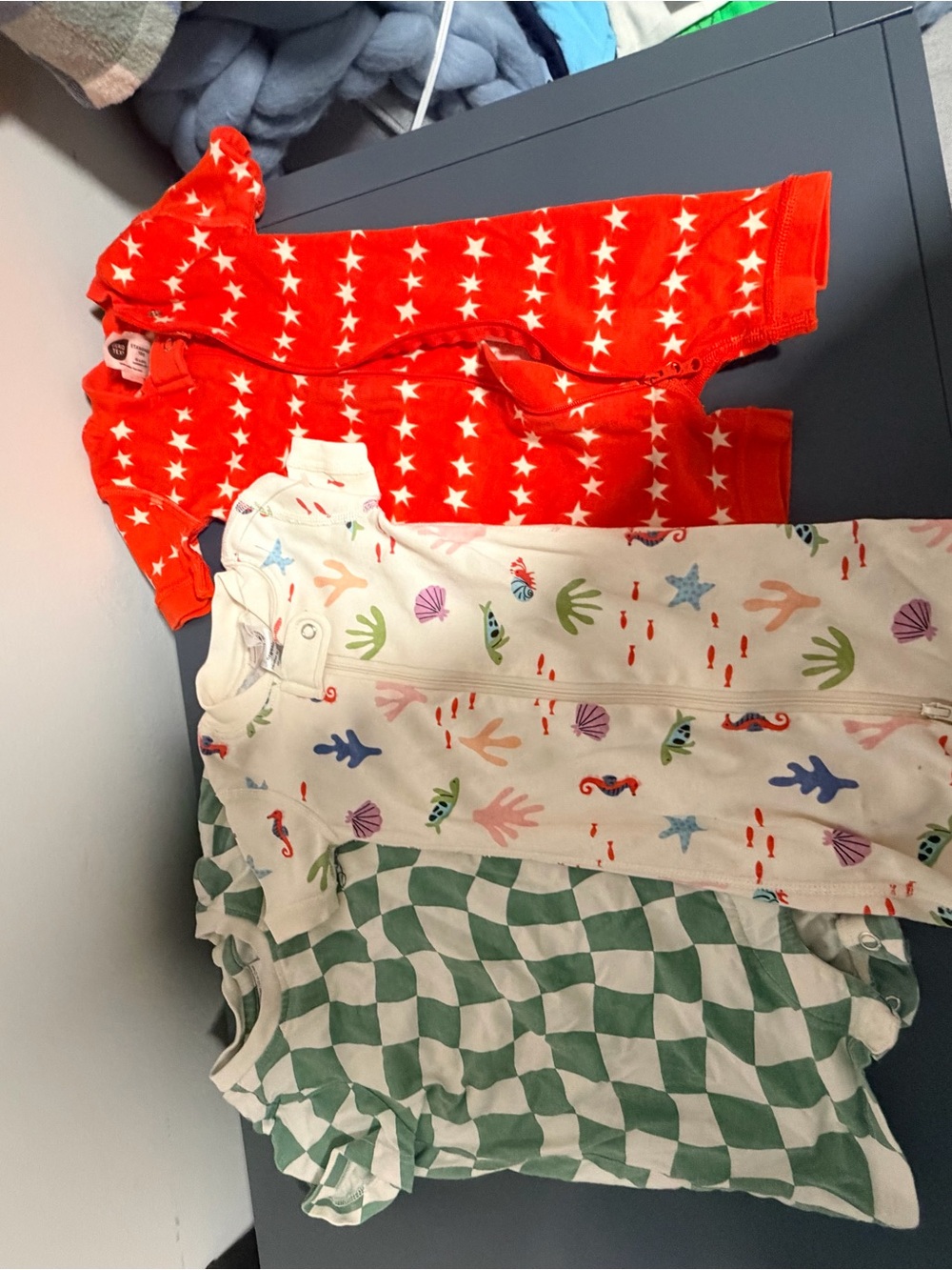 Bundle - Hanna Andersson Cream, Red and green checkered Baby Onesie
